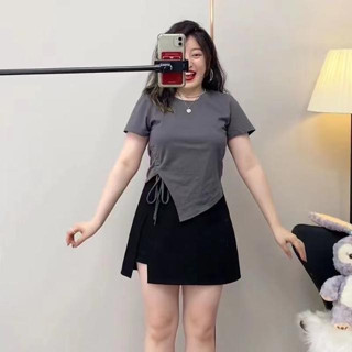 【現*貨】佰分佰/150kg內可穿/大碼女裝/遮肉/抽繩/不規則/短袖/上衣T恤//顯瘦/收腰/氣質/遮肚/大尺碼/素T