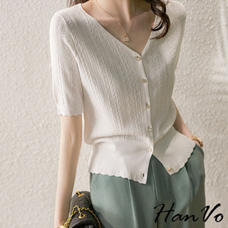 【HanVo】時尚V領針織方鈕扣上衣 韓系氣質設計百搭鏤空上衣 韓國韓系女裝 女生衣著 0045