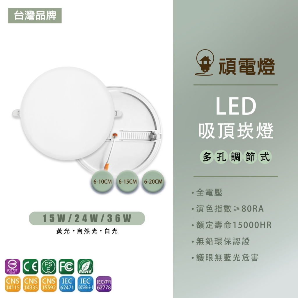 台灣品牌 LED 多孔調節式 吸頂崁燈 開孔可調整 15W 24W 36W 黃光 自然光 白光 三段變色 6-20公分