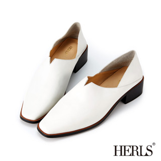 [HERLS 樣品鞋] 兩穿全真皮極簡素面小方頭低跟樂福鞋 白色 40號－後套皺褶款 原價$3480