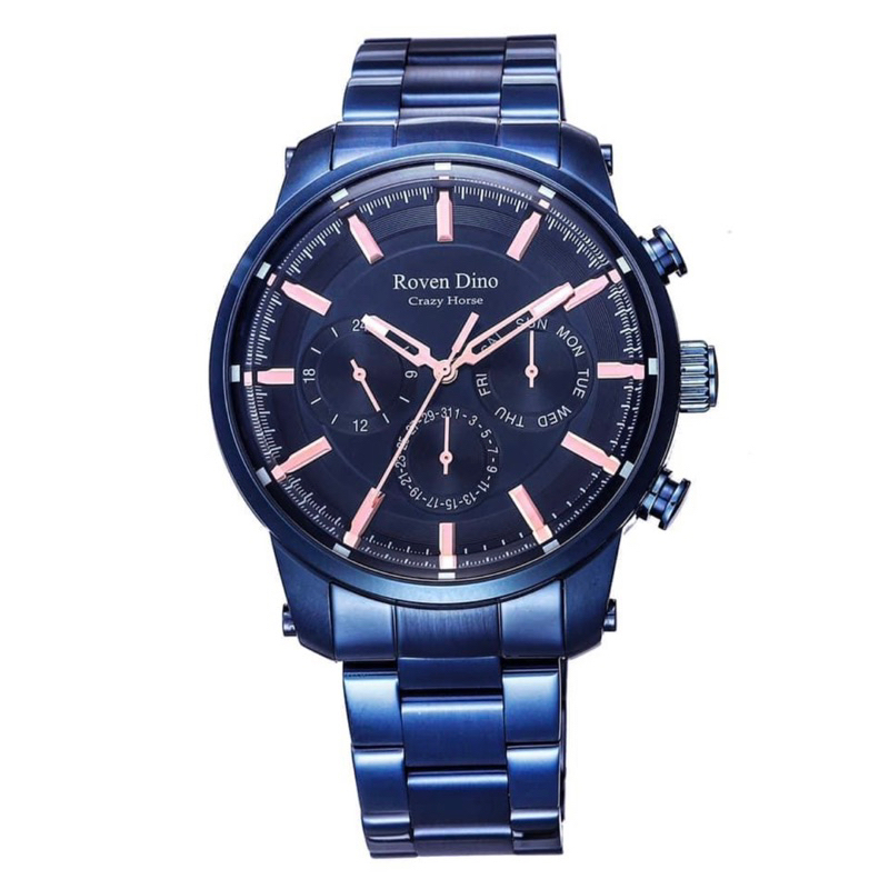 Roven Dino 羅梵迪諾 金牌特務三眼時尚腕錶-全藍鋼(RD6090BU-458)