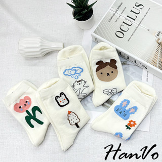 【HanVo】文藝卡通塗鴉插畫中筒襪 日系創意圖案舒適棉質襪 潮流時尚休閒襪 女生配件 A12-6237