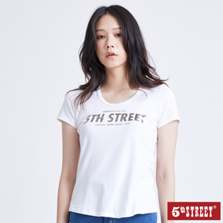 5th STREET 女裝燙金粗體LOGO短袖T恤-白色