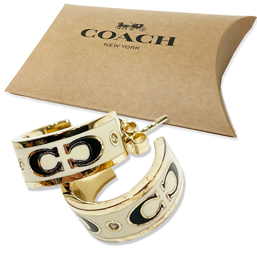 COACH C LOGO 亮鑽穿針式琺瑯耳環禮盒(白/金)