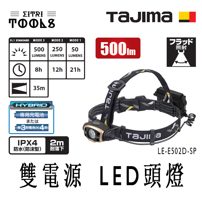 【伊特里工具】TAJIMA 田島 LE-E502D-SP 雙電源 LED頭燈 500流明 集束照明 防水IPX4