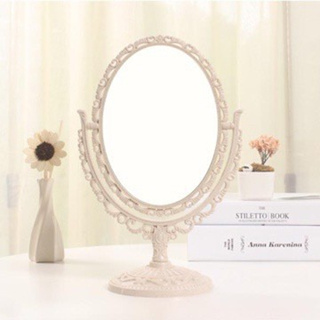 歐式麥稈化妝鏡旋轉放大雙面桌鏡(橢圓米)(僅拍攝廣告陳設使用)