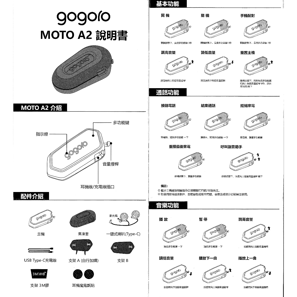 id221 MOTO A2 安全帽藍牙耳機 說明書 gogoro