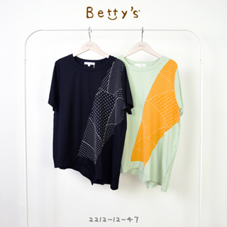 betty’s貝蒂思(21)點點拼接下擺不對稱圓領短袖上衣(黑色)