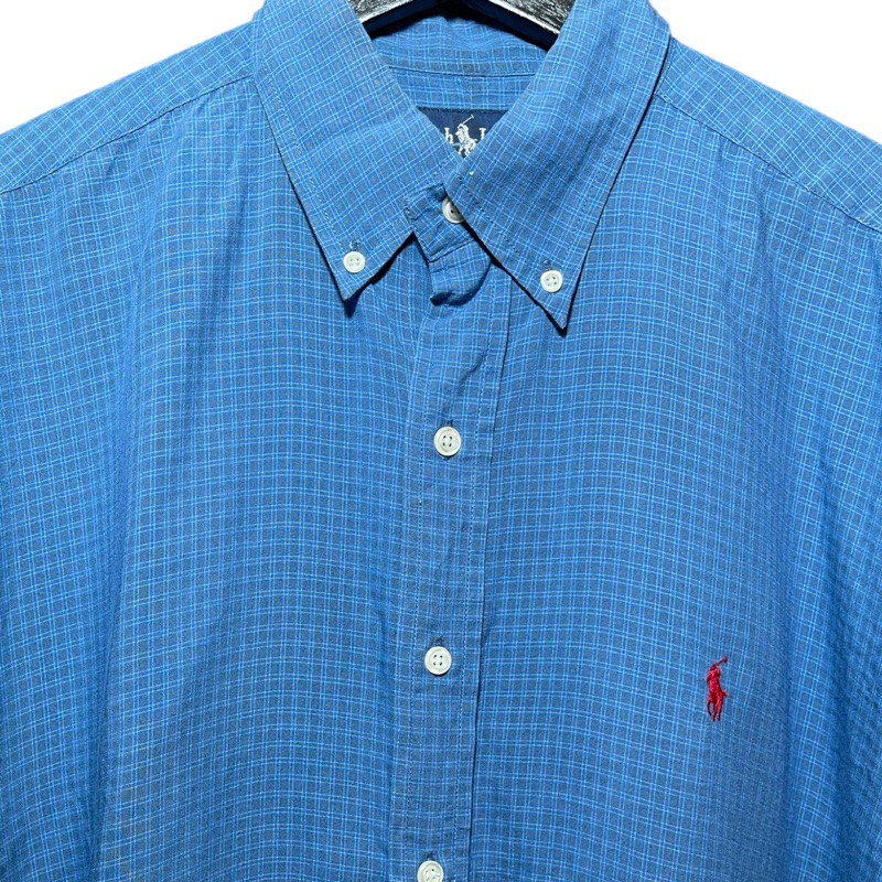 顛復古⚡️Polo Ralph Lauren藍色方形格紋紅馬短袖襯衫❤️古著男女皆可F0630005