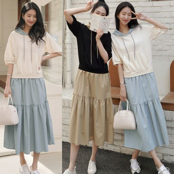 【白鳥麗子】韓國製 優雅假兩件拚色抽繩連帽短袖蛋糕裙長洋裝