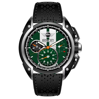 MINI SWISS WATCHES 石英錶 45mm 綠底白條三眼計時 黑色真皮錶帶-黑色