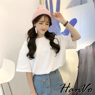 【HanVo】LEFT簡約英文字印花寬鬆T恤 親膚透氣百搭圓領短袖上衣 棉質日常T 韓系女裝 女生衣著 A01-0000