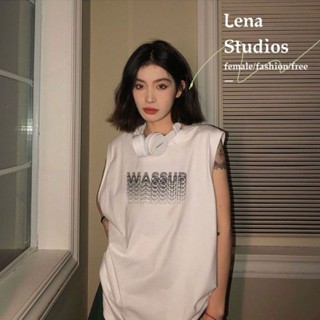 【LenaStudios】100%純棉夏季歐美運動背心嘻哈帥氣坎肩層次感英文字母印花背心 寬鬆無袖背心上衣