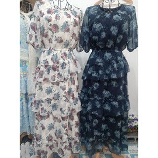 結束出清/BIERSACK 專櫃品牌 0918浪漫宮廷風《超重工玫瑰蛋糕裙》夏日雪紡禮服/縮腰長版寬鬆/碎花短袖洋裝