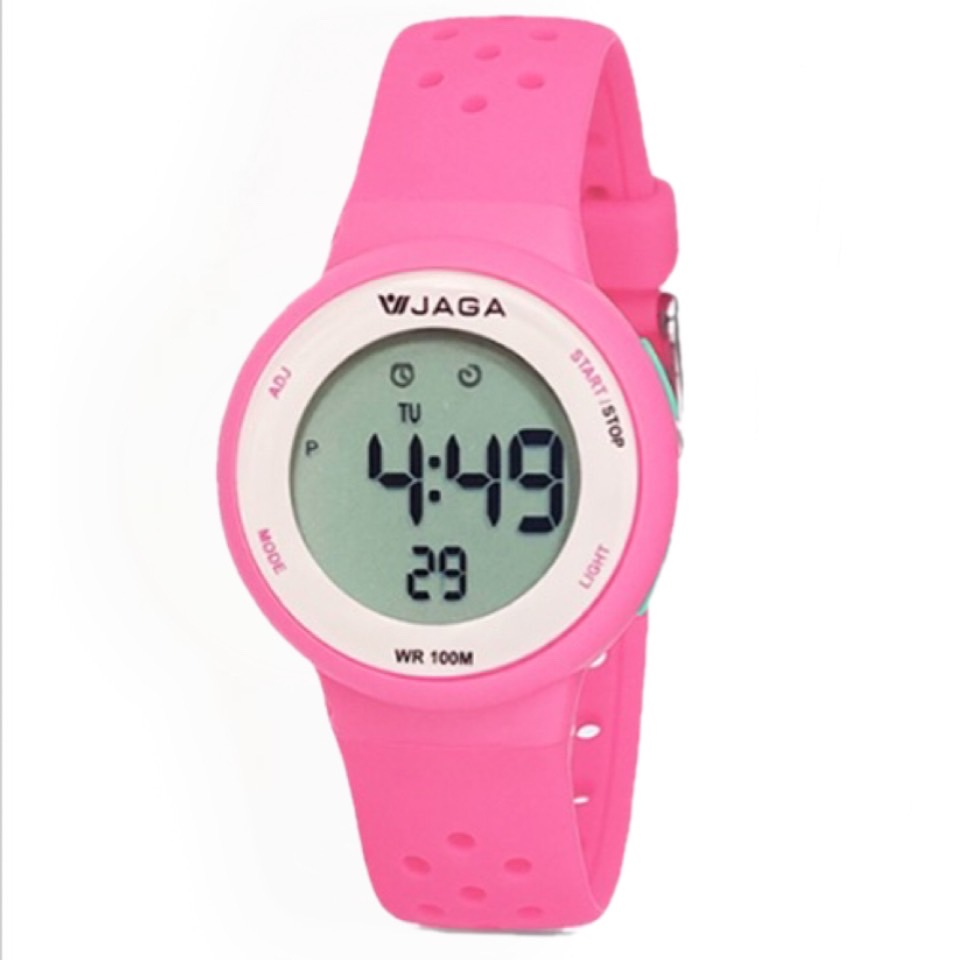 【JAGA 捷卡】兒童簡約圓形液晶顯示多功能防水運動型電子錶 M-1214 36mm 現代鐘錶