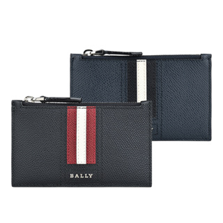 BALLY TENLEY銀字LOGO防刮牛皮4卡拉鍊卡夾(黑x紅白紅條紋)