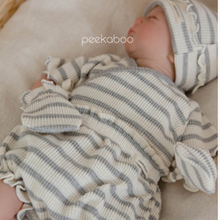 現貨【 𝐒𝐢𝐳𝐞:𝟑𝐌】 🇰🇷韓國童裝 peekaboo新生兒捲邊華夫格線條套裝四件組 新生兒服飾