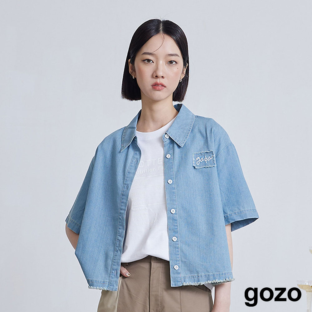 【gozo】➤牛仔抽鬚造型短版襯衫(淺藍/藍色_F) | 牛仔 修身 百搭