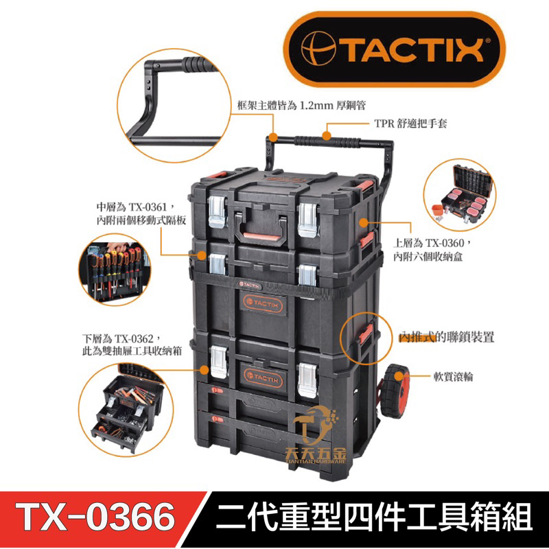 含稅 含運 TACTIX TX-0366 系統工具箱推車 整組工具車 堆疊式工具箱 手推工具箱TX0366 粗勇工具箱組
