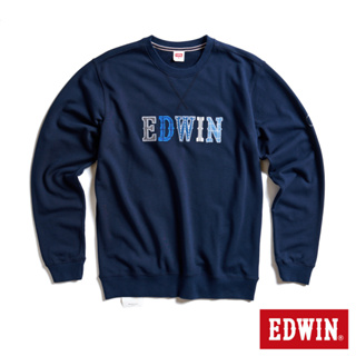 EDWIN 再生系列 CORE環保丹寧拼接LOGO休閒厚長袖T恤(丈青色)-男款