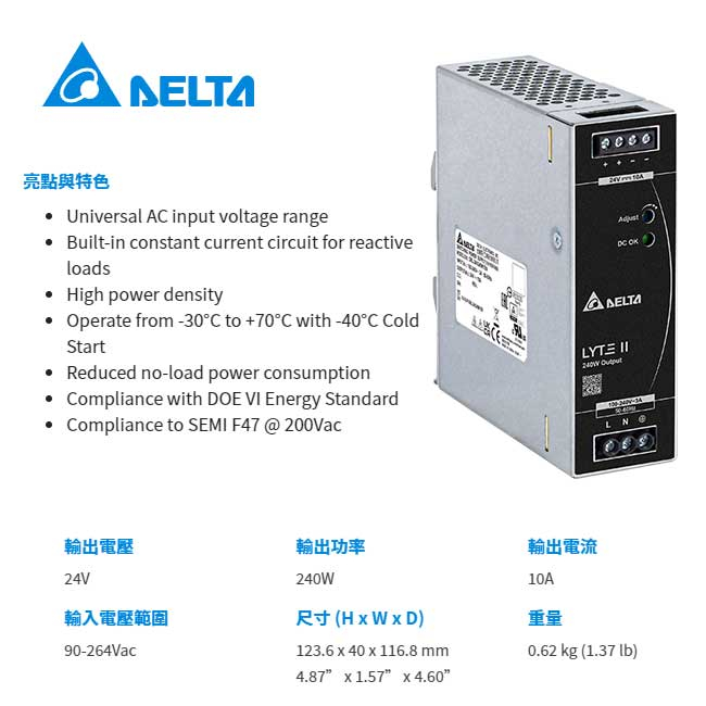 【祥昌電子】DELTA 台達電 DRL-24V240W1EN 滑軌式 電源供應器 可替代 E/NDE-240-24