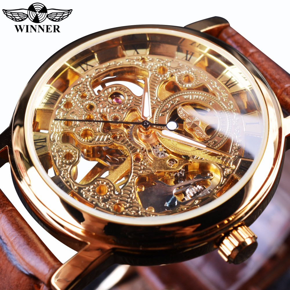 winner 男士機械表時尚休閒復古羅馬皮帶鏤空腕錶手動機械表
