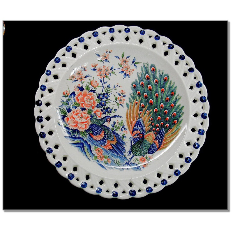 日本收藏集 早期 簍雕 破冰造型有田燒 彩繪 孔雀 13吋 盤皿