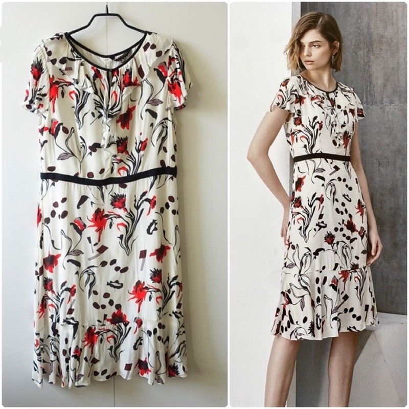 【專櫃衣物出清】全新 專櫃赫拉亞 HERAYA 墨畫花朵荷擺連身洋裝 L號 女裝 連衣裙 紅白 花卉