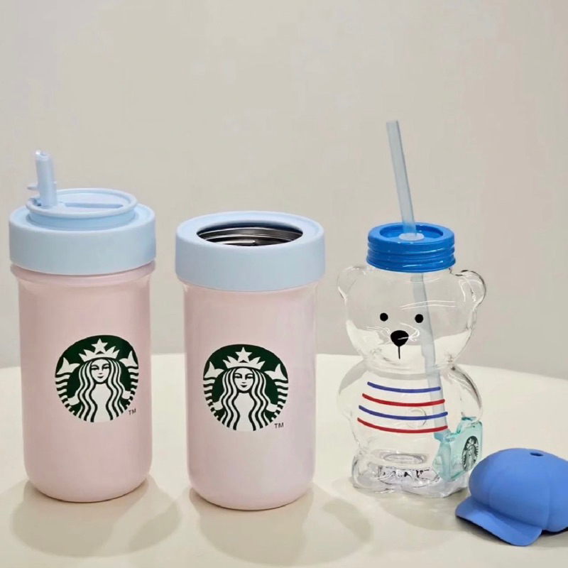 𝐀𝐇 𝐒𝐭𝐮𝐝𝐢𝐨現貨🫧🇰🇷韓國星巴克Starbucks粉藍配色不鏽鋼保溫保冷杯 晶透熊熊玻璃吸管杯