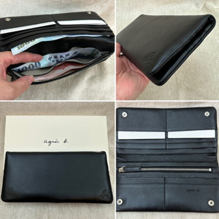 全新 agnes b 黑色 羊皮 12卡 對開 扣式 長夾 正品 皮夾 錢包 小b 日本限定 薄款 薄型 男用 女用