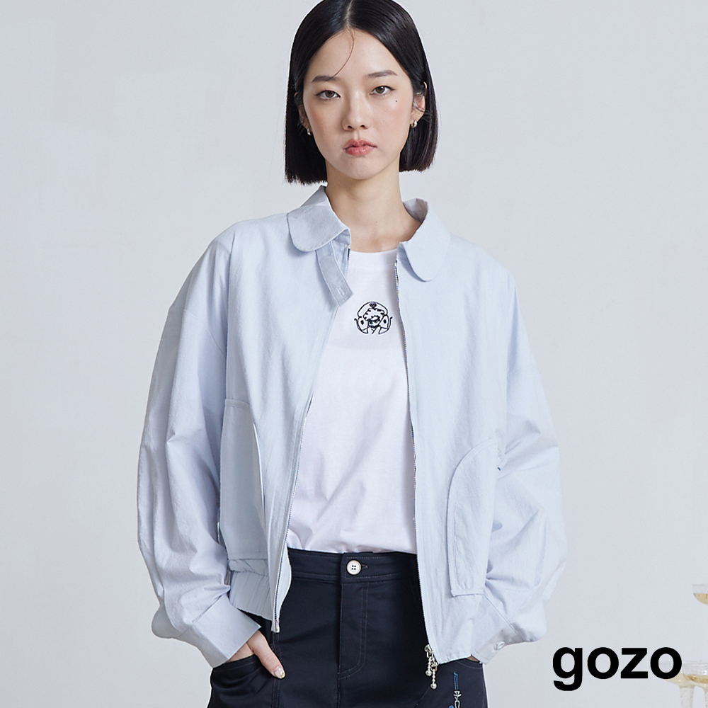 【gozo】工藝繡花雙拉鍊襯衫外套(白色/淺藍_F) | 女裝 顯瘦 休閒