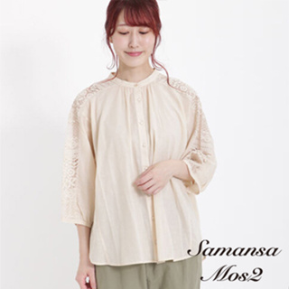Samansa Mos2 鏤空花邊蕾絲透膚七分袖襯衫(FL33L0A1280)