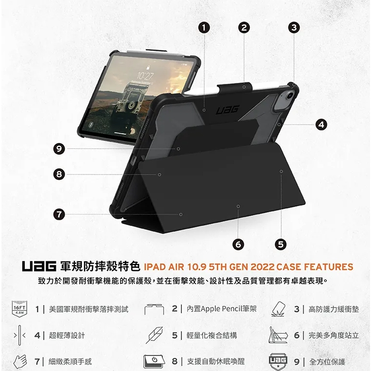 【UAG】iPad Air 4/5 10.9(2022)/Pro 11吋耐衝擊全透保護殻-黑美國軍規