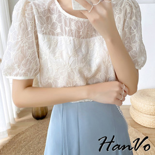 【HanVo】法式雪紡花卉蕾絲泡泡袖上衣 舒適內襯甜美短袖上衣 韓系簡約 女生衣著 A01-0084