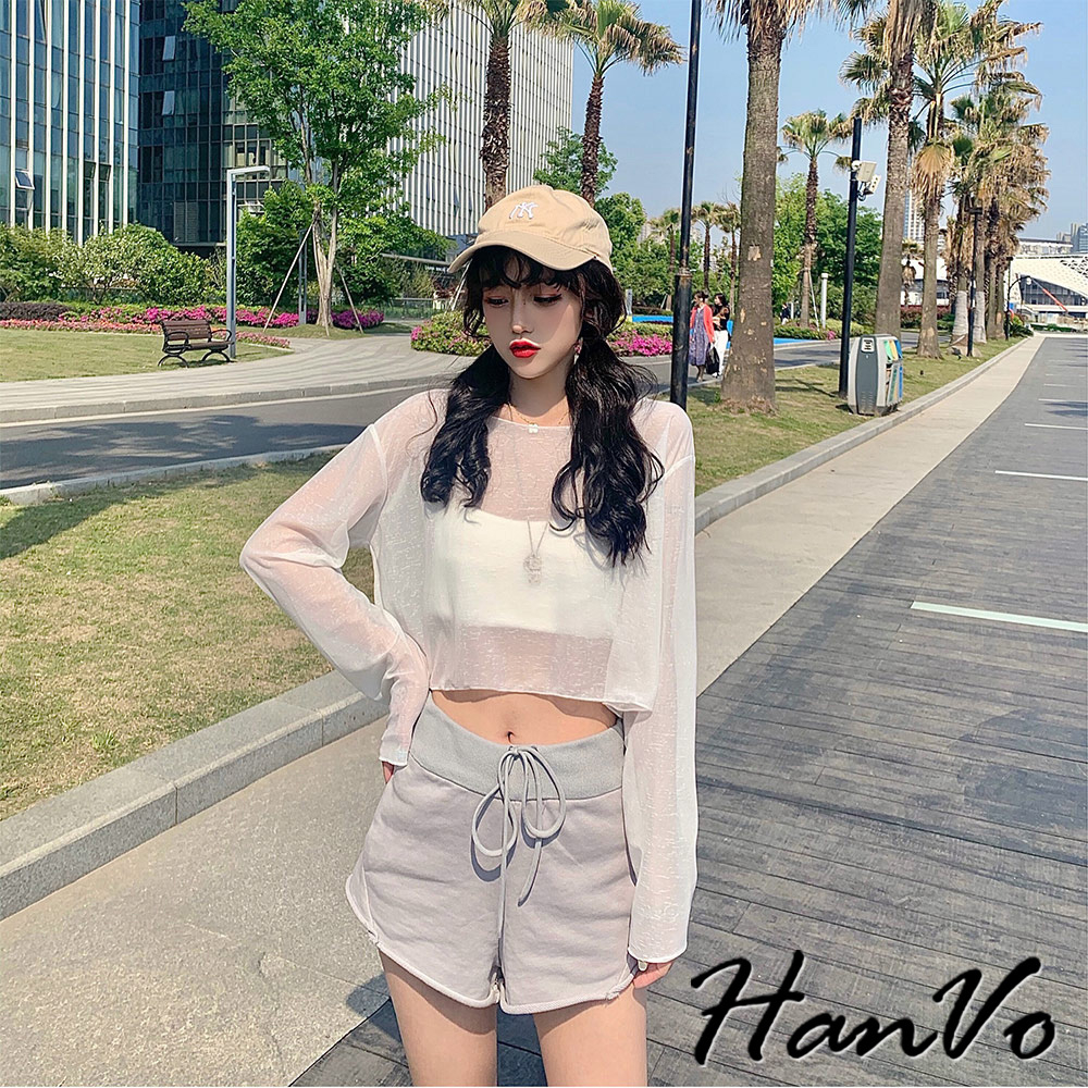 【HanVo】透明感防曬長袖短版上衣 薄款透氣寬鬆百搭素色 韓系女裝 女生衣著 1884