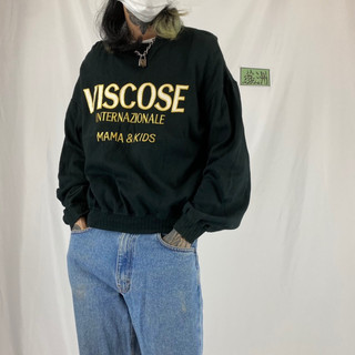 古著 VISCOSE 大刺繡字 義大利 鬆緊羅紋 女裝可 辣妹上衣 短版 寬袖版型 圓領大學T