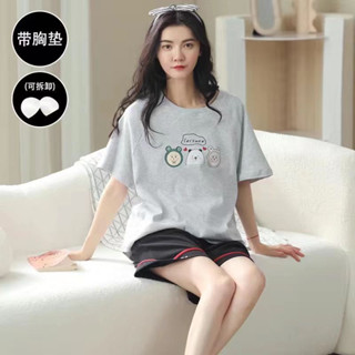 【玲瓏日記】夏季短袖短褲自帶胸墊純棉睡衣女韓版日系高檔甜酷小女生薄款可外穿家居服套裝