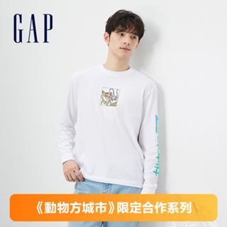 Gap 男裝 Gap x 動物方城市聯名 純棉印花圓領長袖T恤-白色(771429)