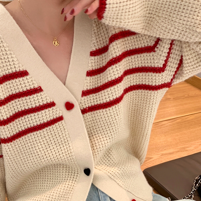 雅麗安娜 針織衫毛衣 上衣 法式v領條紋開衫春季韓系小個子針織上衣T150-7290.