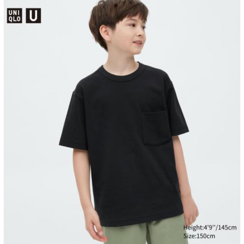 UNIQLO 童裝 U系列 AIRism 棉質圓領T恤 黑 淺藍 size:150