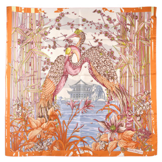 Ferragamo東方風情蒼鷺印花方型絲巾(橘色)331001