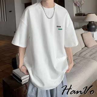 【HanVo】男款小標籤寬鬆簡約純棉上衣 柔軟透氣吸濕排汗短袖 夏季潮流T恤 男生衣著 B01-1061