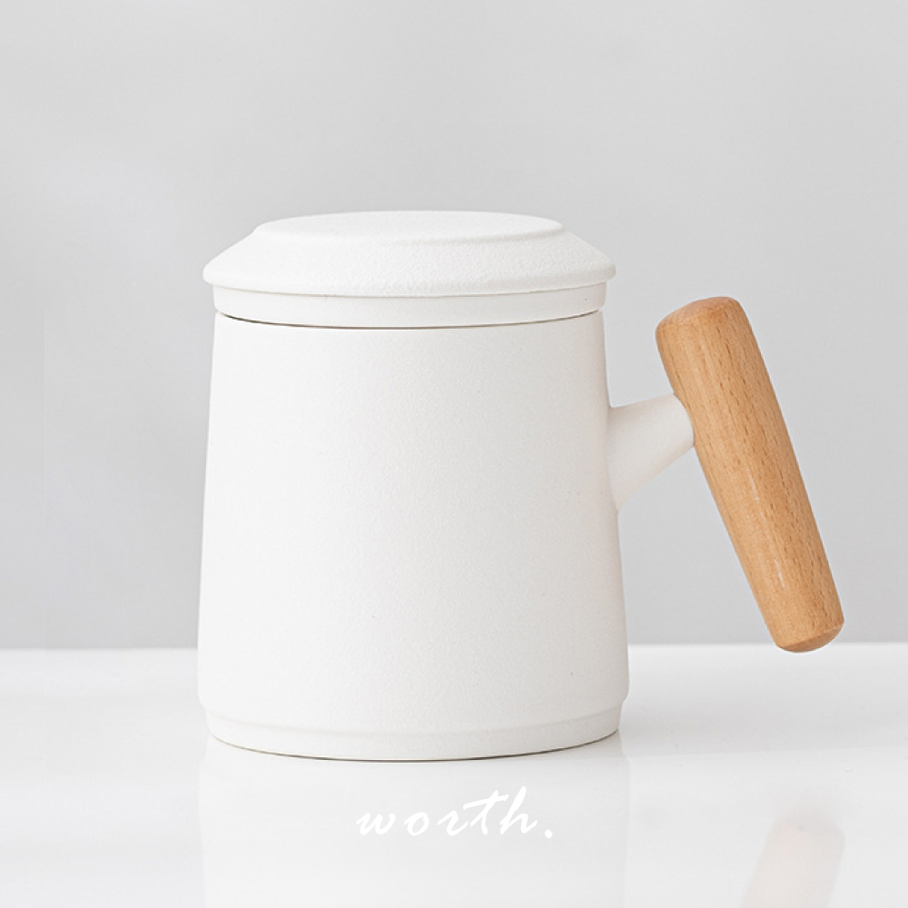 渥思【現貨】陶瓷木柄雙層分離泡茶杯 大容量馬克杯 辦公室水杯