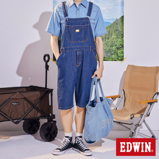 EDWIN 橘標 寬版吊帶牛仔短褲(中古藍)-男款