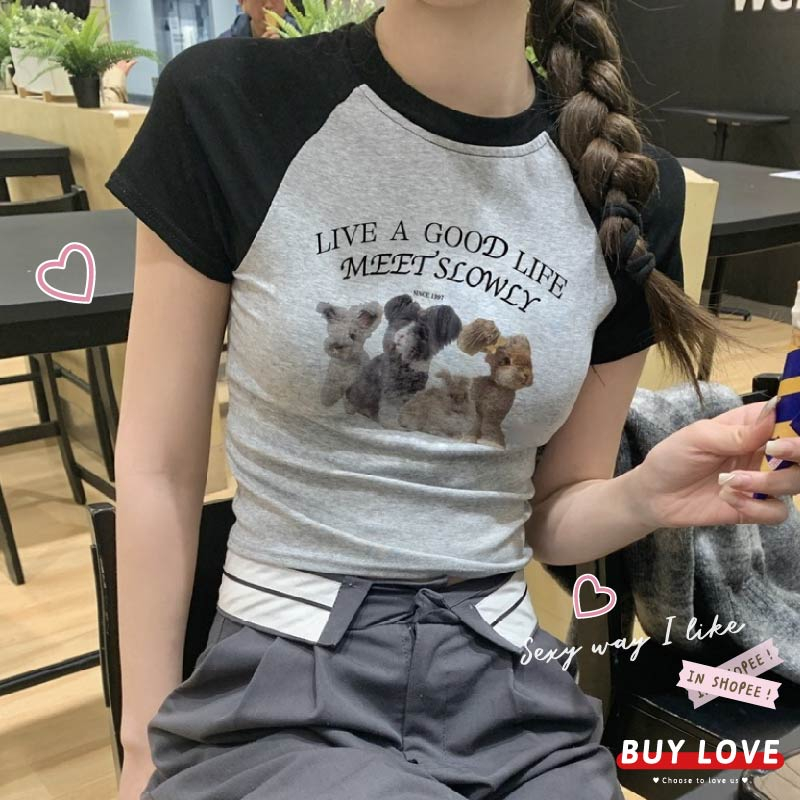 【買到戀愛】隔日到貨 辣妹撞色兔子印花 美式短袖 短袖T恤 辣妹 撞色 短T 短袖T恤 女上衣【FT3133】
