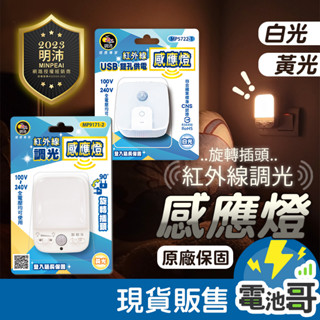 【隔日到貨】感應燈 感應LED燈 感應小夜燈 插電感應燈 玄關燈 USB雙孔供電 BSMI 黃光 白光 旋轉插座 明沛