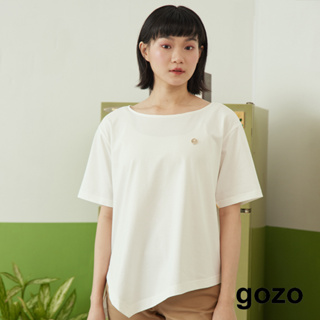 【gozo】gozo金屬標不規則下擺五分袖T恤(藍色/白色_F) | 女裝 顯瘦 百搭