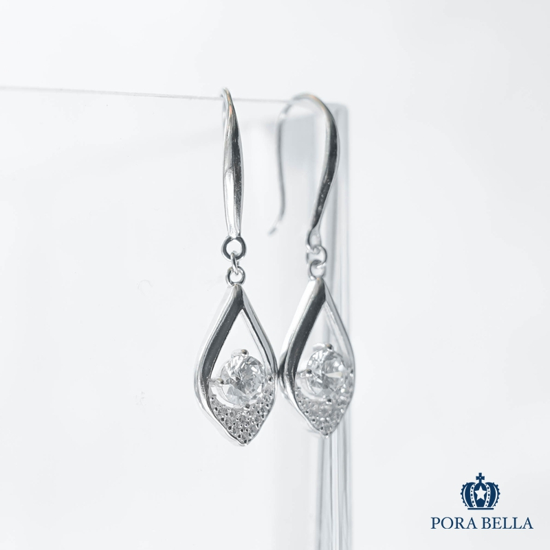 <Porabella>925純銀水滴形鋯石耳環 幾何小眾設計輕奢氣質線條耳環 白金色穿洞式耳環  Earrings