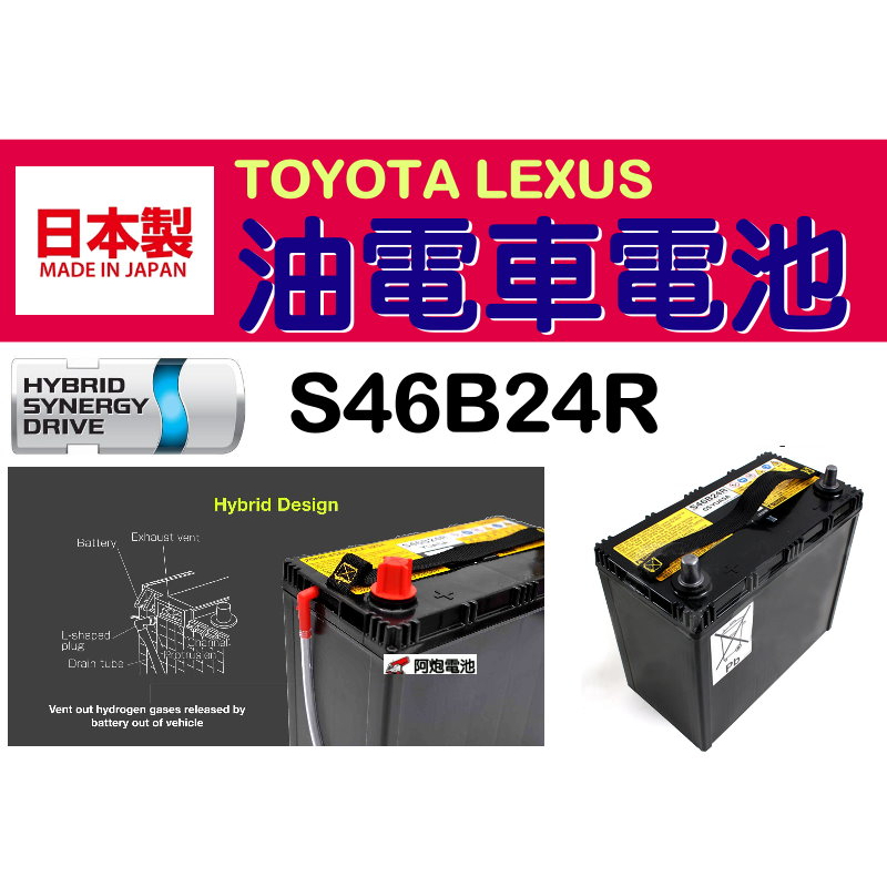阿炮電池-日本製,原廠電池 YUASA 油電專用 S46B24R,Prius α Prius Rav4 CT200h