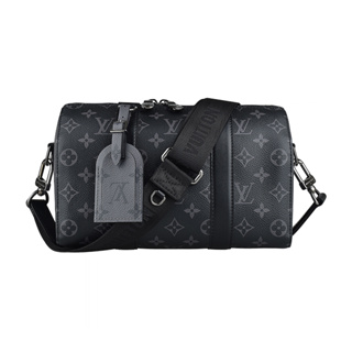 LV M45936 CITY KEEPALL花紋LOGO拼色設計Monogram Eclipse帆布滾邊牛皮拉鍊斜背波士